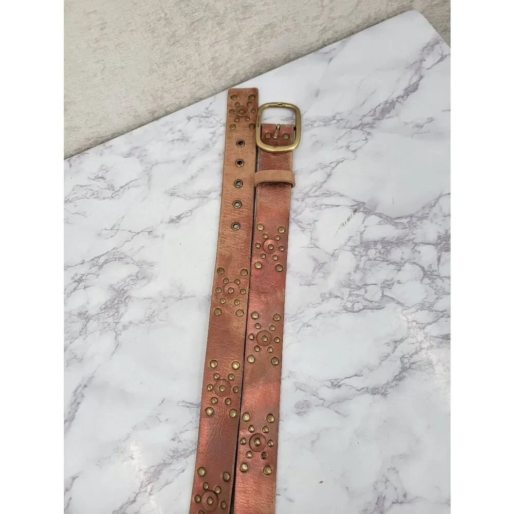 Calvin Klein Metallic Pink and Brown Leather Studded Belt with Brass Buckle